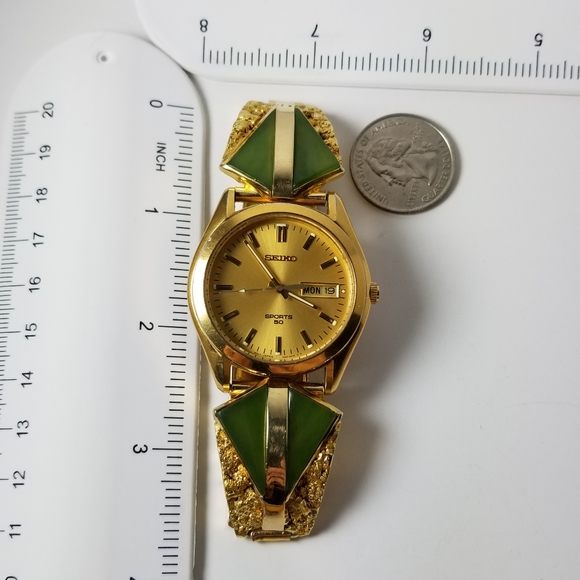 Gold nuggets and green jade men's watch Fresh Battery, Box - Picture 3 of 16